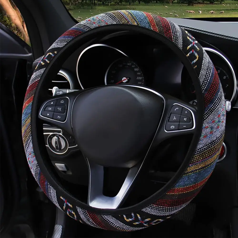 

Car Steering Wheel Cover Handlebar Braid Steering Wheel Wrap Natural Fibers Anti Slip Breathable National Style 38cm Universal