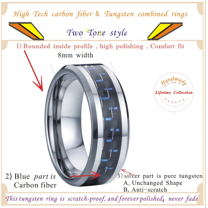 Blue Silver Color Male Tungsten Rings wedding band for men and women fashion Costume jewelry Female ring 8mm  TK016M (6)