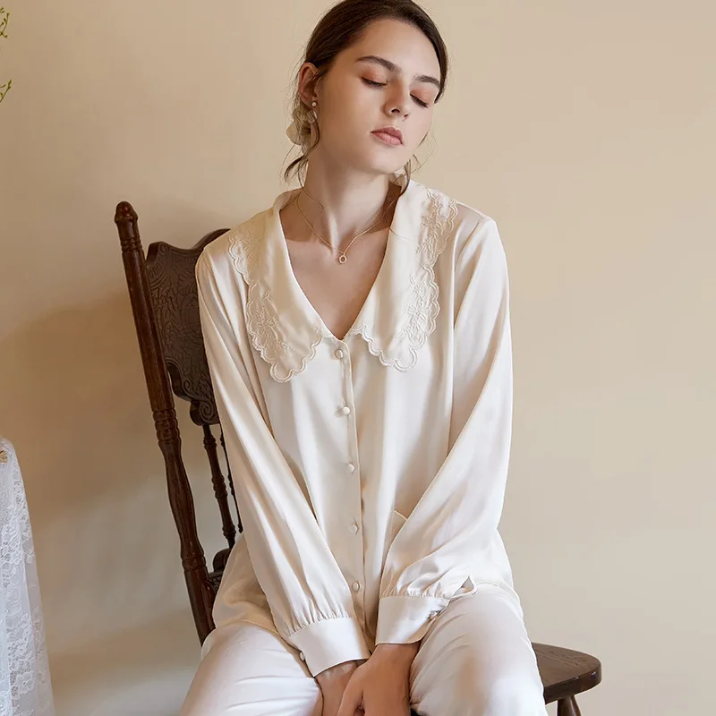 

2pcs Embroidery Flower Satin Sleep Suit Pajamas Set Girls Shirt&pants Nightwear With Pocket Casual White Home Clothes Sleepwear