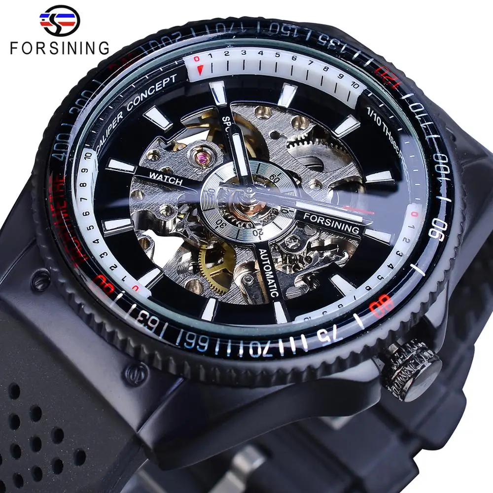 Forsining montre en Silicone pour hommes, lunette rotative à 2016 degrés, de luxe, automatique, noire, Design sportif, montre décontractée à la mode | AliExpress