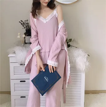 

Cotton Pink Lady 3PCS Sleep Set Nightwear Kimono Gown Bathrobe Long Sleeve Sleepwear Novelty Lace Intimate Lingerie Pajamas Suit