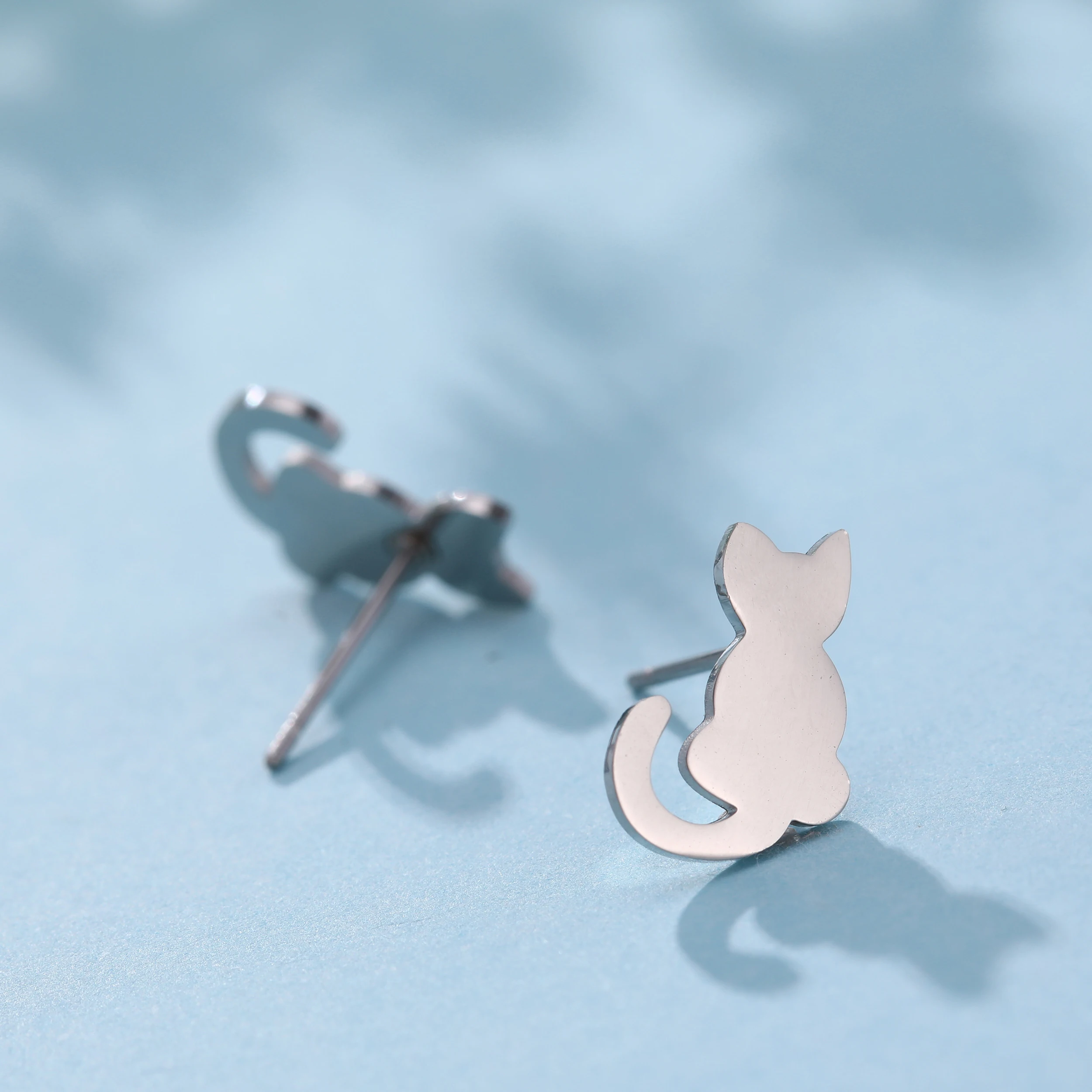 My shape, серебряные серьги-гвоздики, кошка, животное, нержавеющая сталь, маленькие серьги, женские серьги, ювелирное изделие, подарок для девочки, женская мода, милые