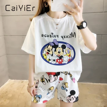 

CAIYIER 2020 Mickey Print Short Sleeve Pajamas Set Summer Women O-Neck Nightwear Causal Girl Loose Cartoon Sleepwear Homewear