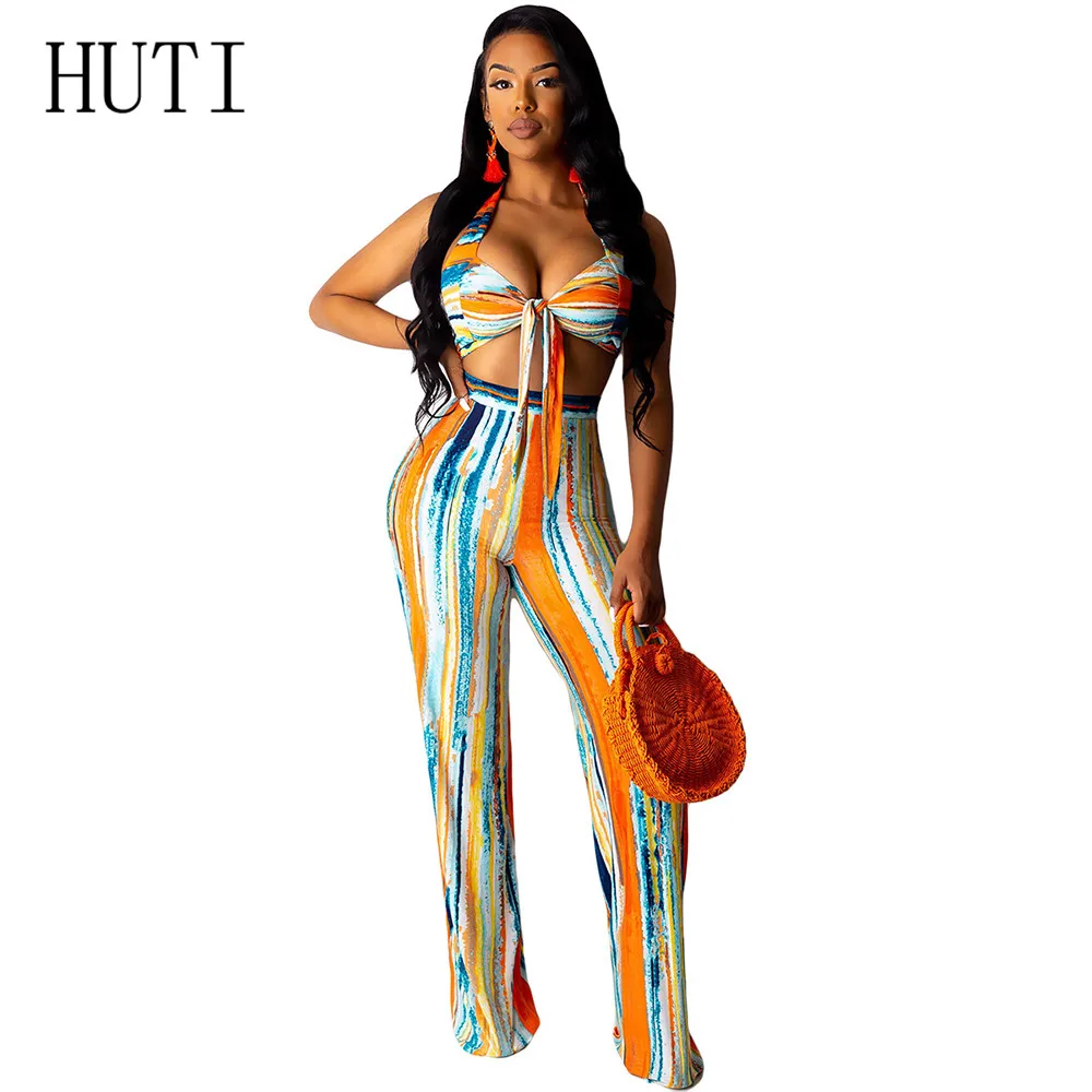 

HUTI Rompers Playsuits Two Pieces Sets Lace-up Halter Long Jumpsuits Sexy Backless Sleeveless Vintage Print Bodycon Overalls