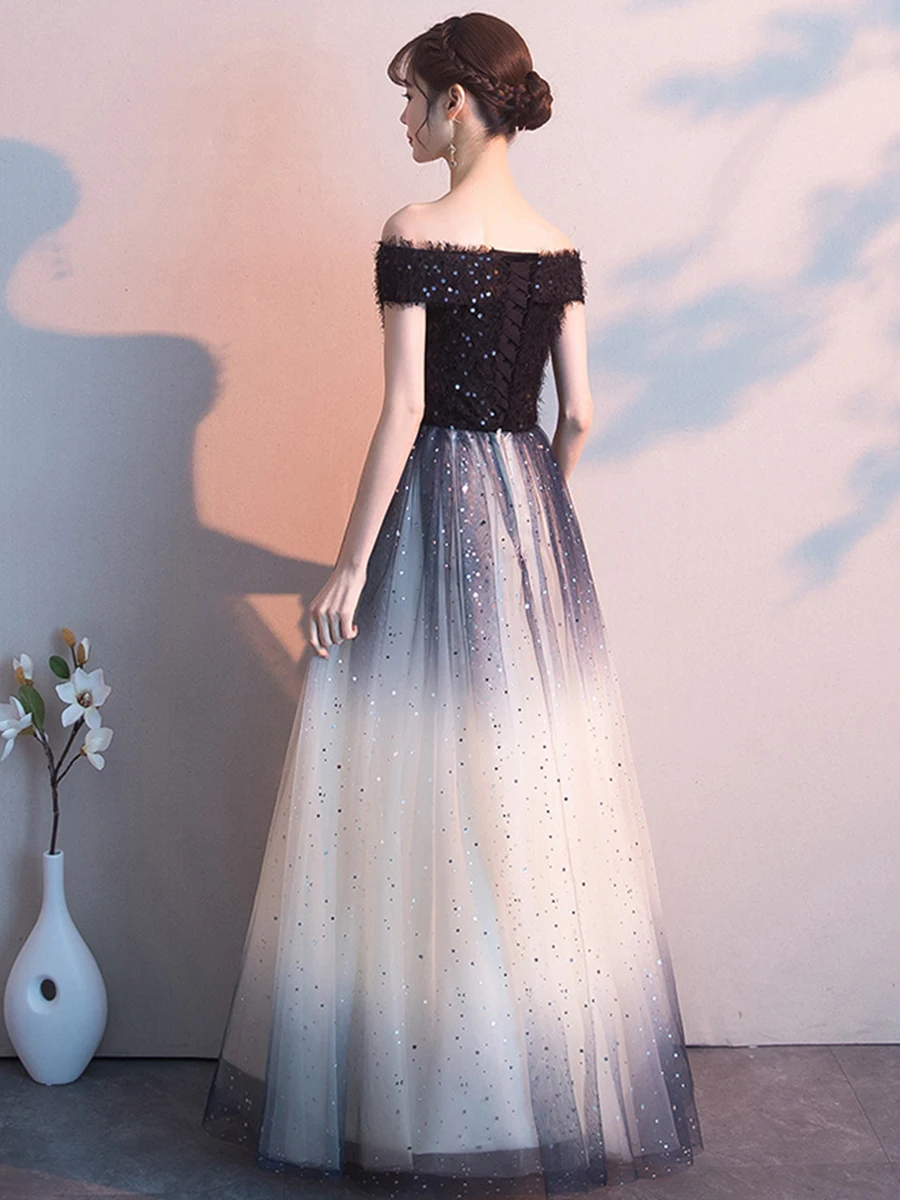 Evening Dress Off The Shoulder Formal Dresses Evening Gown Sequin Robe De Soiree Boat Neck Short Sleeve Formal Dress E103