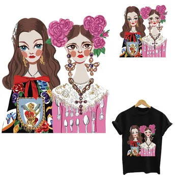 

heat-sensitive patches Two beauties stripes applique thermo stickers on clothes iron on transfers for clothing custom patch tops