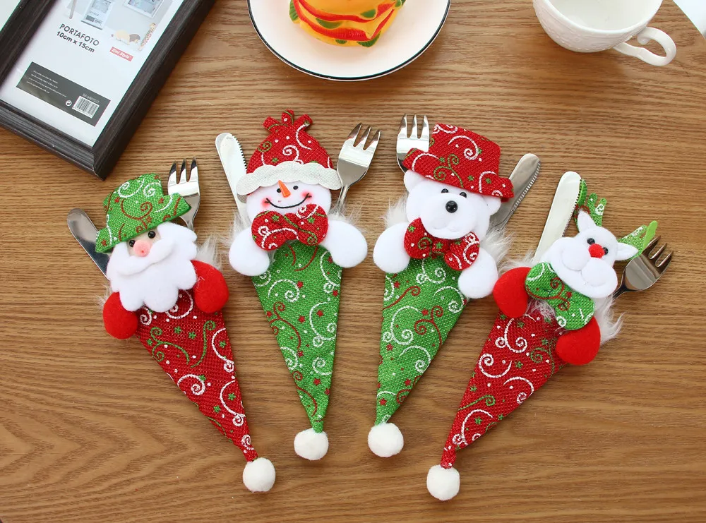

25#Santa Hat Reindeer Christmas New Year Pocket Fork Knife Cutlery Holder Bag Home Party Table Dinner Decoration Tableware