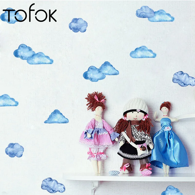 Tofok, синие акварельные облака, наклейки на стену, сделай сам, ПВХ, скандинавский стиль, для детской комнаты, для спальни, общежития, художественные наклейки, плакат, домашний декор