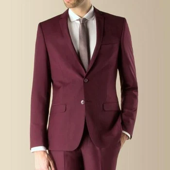 

2020 Burgundy Evening Party Men Suits Notched Lapel Trim Fit Two Piece Wedding Groom Tuxedos Custom Made Jacket Pants