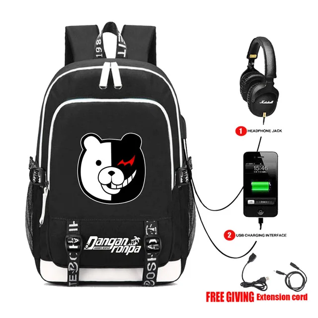 USB Charging Headphone jack Backpack School Bags Mochila Feminina Laptop Backpack Schoolbag anime Danganronpa Printing backpack - Color: as pictures