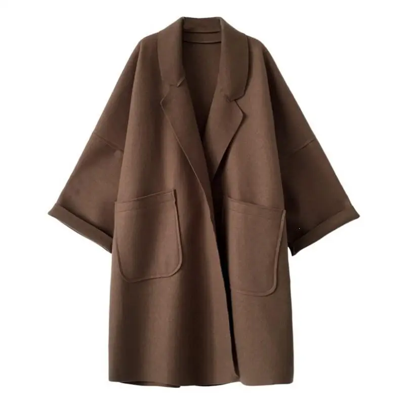 Свободное женское шерстяные пальто больших размеров Корейская Длинная черная коричневая зимняя куртка элегантная верхняя одежда с карманами