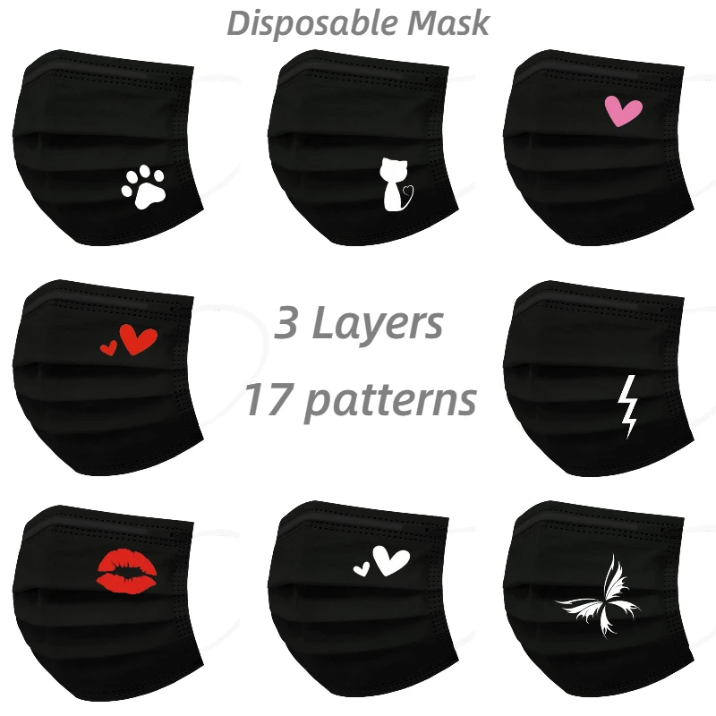 10/50pcs Black Mask Adult Heart Print Disposable Protective Face Mask Women Breathable Mouth Masks Industrial 3Ply Ear Loop