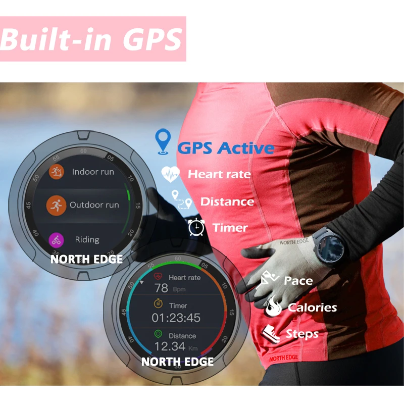  North Edge Smart Watch GPS Bluetooth Phone Call Smartwatch Men Women IP67 Waterproof Heart Rate Blo - 4000075147196
