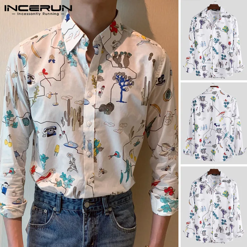 

INCERUN 2019 Men Shirt Fashion Long Sleeve Lapel Chic Pattern Print Casual Street Wear Loose Shirt Button Men Personality Shirt