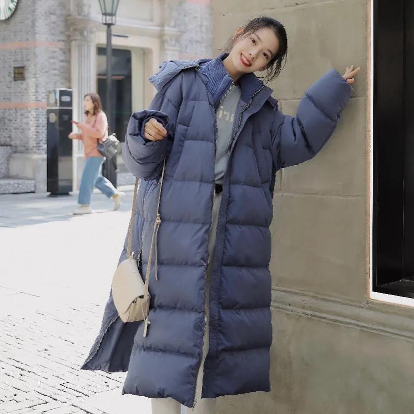 

Photo Shoot 2018 Winter CHIC Blue Long Hooded Deconstructable down Coat Stand Collar Side Zipper Slit Cotton-padded Clothes Wome