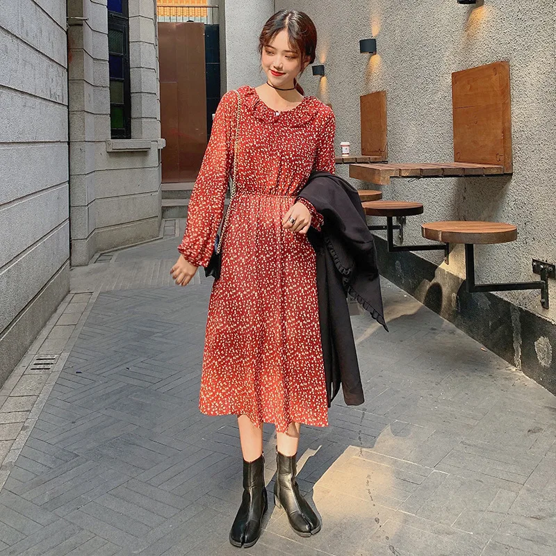 

2020 Early Spring New Style Korean-style Floral-Print Slimming Long Sleeve Base Dress Women's Versatile Medium-length Dress