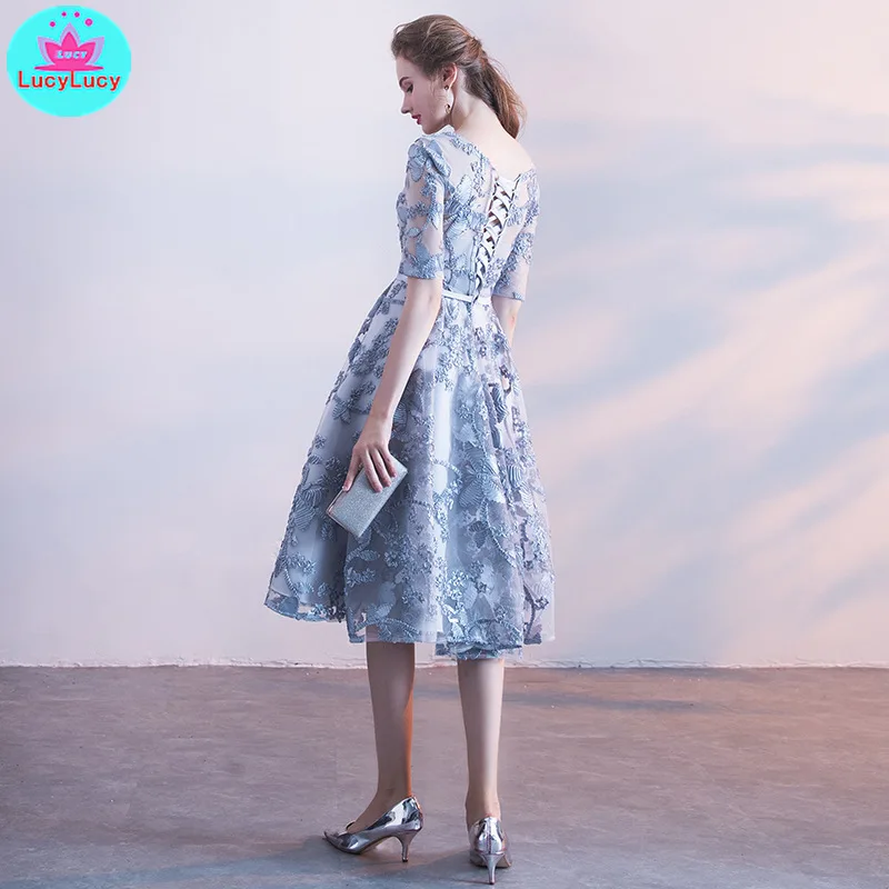 Blue-gray new summer party in the long banquet hosted slim dress Regular Zippers Lace Sheath Lace
