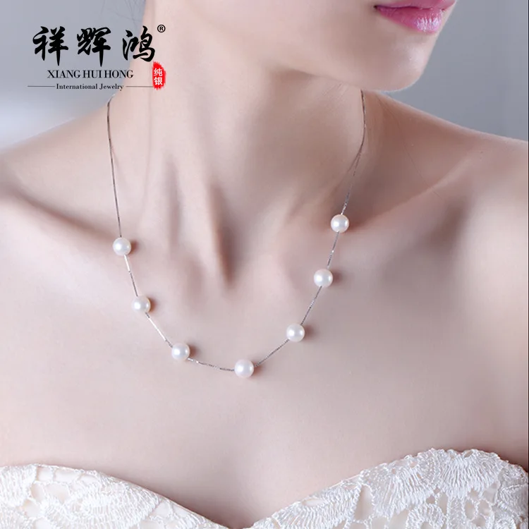 

925 Silver Necklace Pendant Women's Elegant Shining Iridescent Pearl Shell Diamond Set Pendant Choker Sets of Chain Shell Pearls