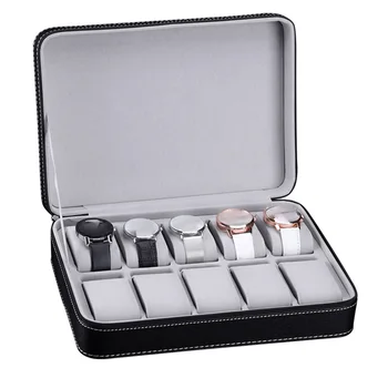 

Organizer Gift Jewelry Packaging 10 Grids Bracelet Case PU Leather Protective Counter Zipper Closure Portable Watch Storage Box