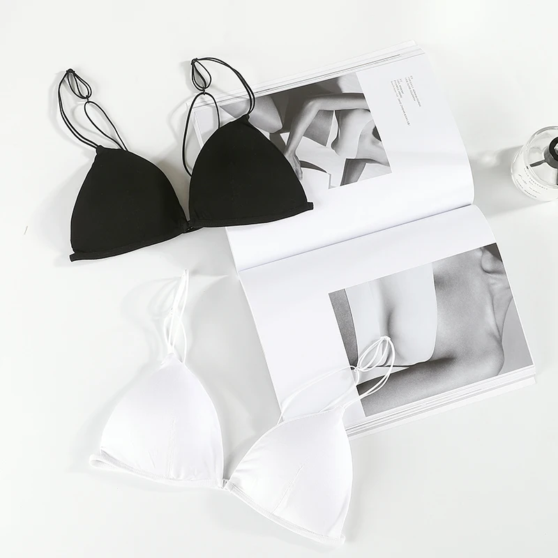 

Ladies French style Sexy Soft Cotton Modal free wire Triangle insert padding spaghatti Strap String elastic Front closure Bra