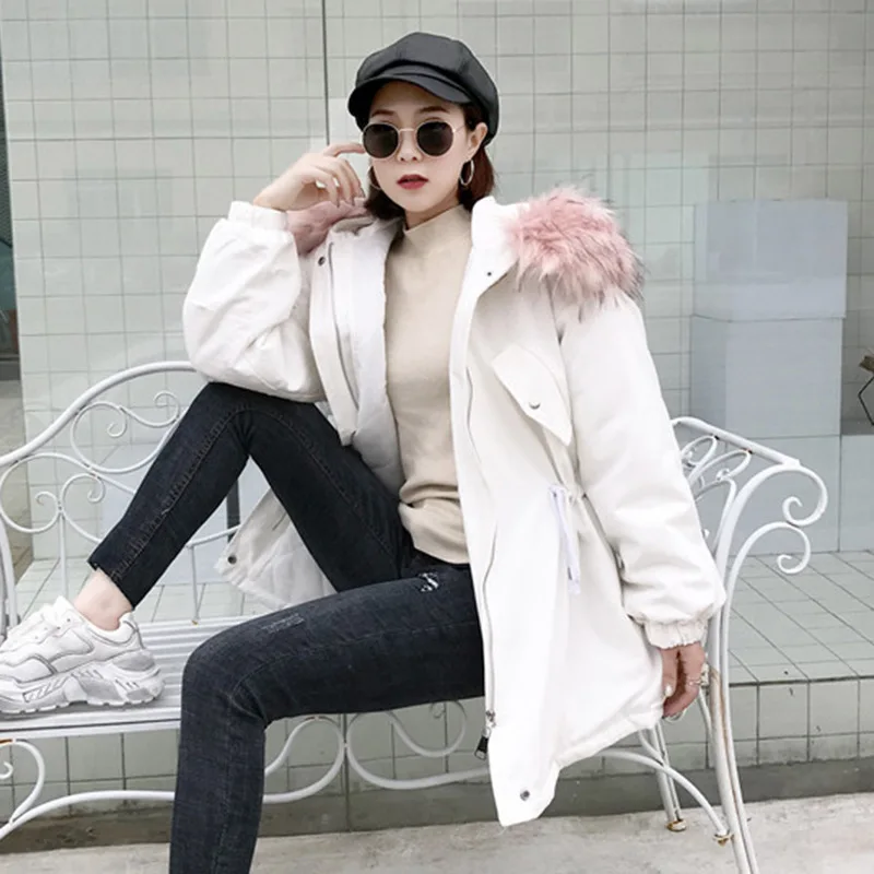 

Number One People WOMEN'S Dress Winter New Style Waist Hugging Slimming Hooded Fur Collar Coat Loose Thick White Cotton-padded C