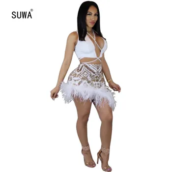 

New Arrival Women Set Sleeveless V-Neck Crop Top Skirts Suits Sequined Feathers Two Piece Set Sexy Bandage Dresses Outfits