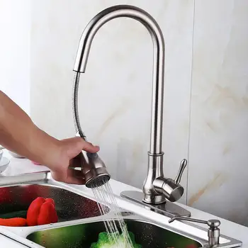 

16" Kitchen Sink Faucet Brushed Nickel Pull-Out Spray Swivel Spout Dispenser Easy To Clean Rotatable Neck