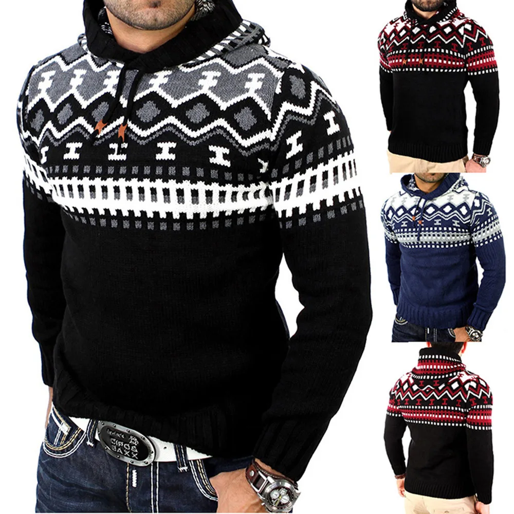 

2019 Men's Fashion Contrast Color Sweater Stitching Personality Hooded Slim Sweater Male Autumn Winter Wool Sweater Hoodies