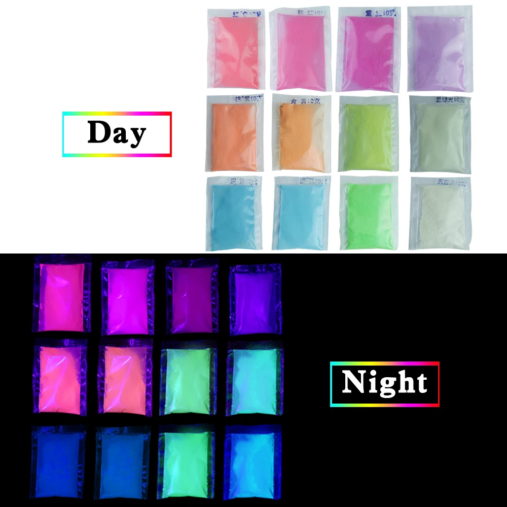 

12 Colors Luminous Powder Glow in the Dark for Arts Crafts Party Nail Decoration Phosphor Pigment Fluorescent Powder 10g/pack