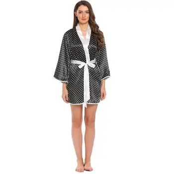 

Women Flare Sleeve Dot Lace-up Night Robe Mini Pajamas Sleepwear Satin