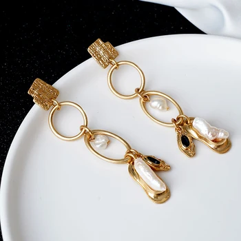 Pearl Pendant Earrings Natural Element Freshwater Chic Metal Geo Statement Stud Earrings Women Jewelry Accessories