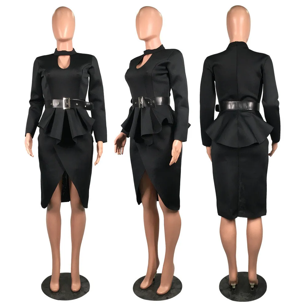 Женская одежда для работы, офисное Деловое платье миди, осень-весна, плиссированное платье с баской и длинным рукавом, облегающее платье, элегантные винтажные вечерние платья - Цвет: Черный