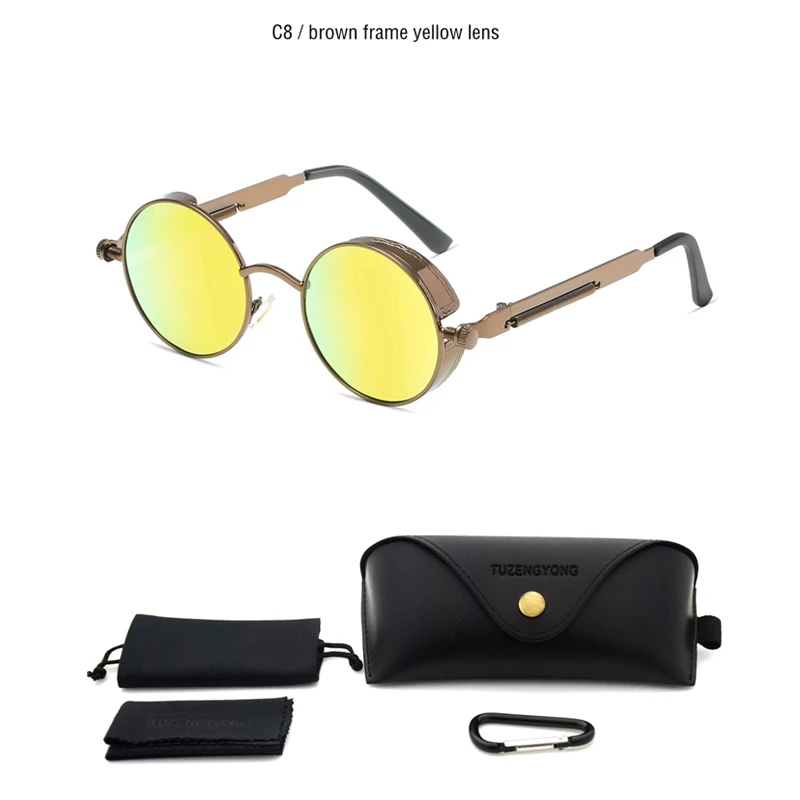 T8028 C8 Black case Винтажные поляризационные солнцезащитные очки, для мужчин и женщин, круглые очки в металлической оправе в стиле стимпанк, дизайнерские очки со степенью защиты UV400 - Цвет линз: T8028 C8 Black case