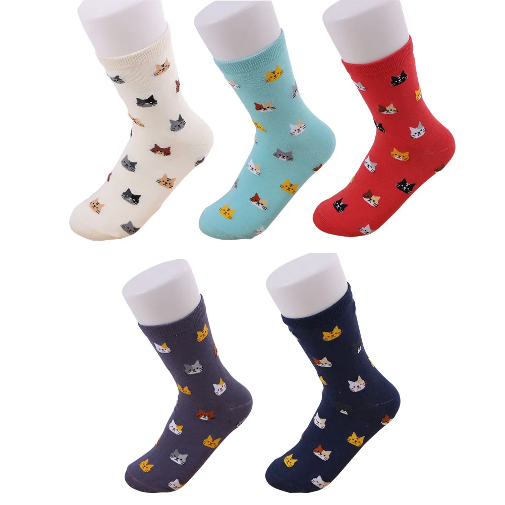 5 пар, женские носки, японский стиль, принт с кошкой, хлопок, смешанные носки милые забавные животные, разные цвета, теплые носки для зимы для женщин
