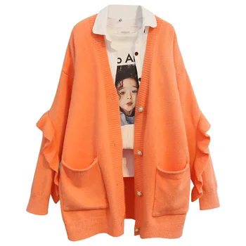 

SONDR 2020 Female Cardigan Sweater Scarf Size Wild Ruffle New Collar Knit Solid Pocket Loose Over Autumn Women's Clothing