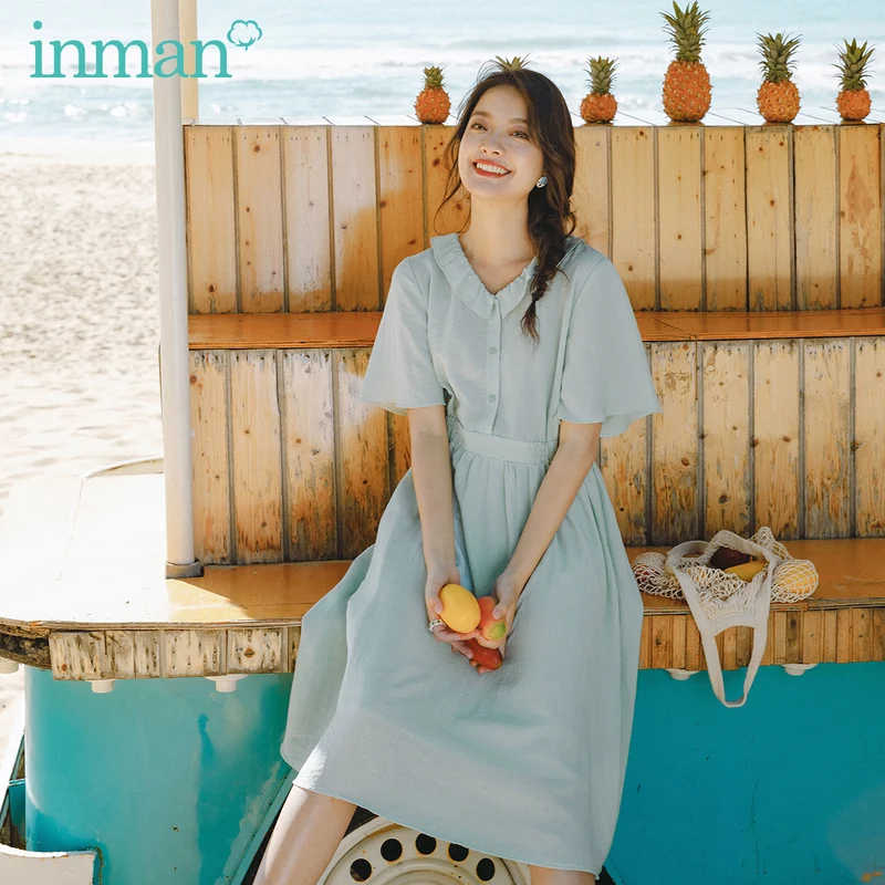 INMAN 2020 Summer New Arriavl Literary Falbala Doll Collar Pure Color Nipped Waist Dress INMAN 2020 Summer New Arriavl Literary Falbala Doll Collar Pure Color Nipped Waist Dress