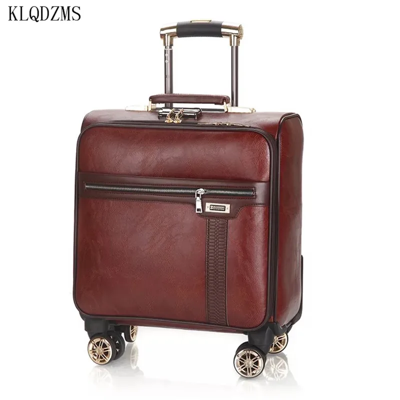 KLQDZMS 18inch PU leather rolling luggage spinner men carry on travel