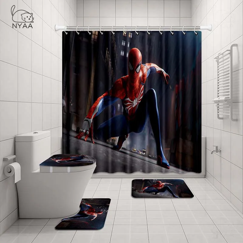 NYAA 4 шт Человек-паук занавеска для душа пьедестал коврик крышка унитаза коврик для ванной набор ковриков для ванной комнаты декор - Цвет: NY20174