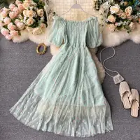 Embroidered Off-Shoulder Dresses Fairy Chic Gentle Dress Female 2021 New Style Sweet Daisy Printed Mesh Long Floral Dress Female