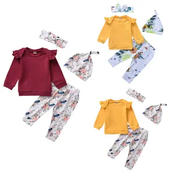 

Newborn Infant Baby Girls Set Fly Sleeve Tops T-Shirt+Long Pants Outfit 4PCS Clothes Toddler Girl Outfits Kids Sets Clothing
