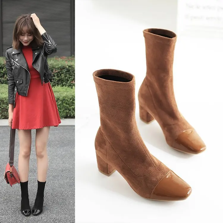 

Elasticity Boots Slimming New Style Autumn And Winter Chunky-Heel Square Head Adult 3 Tennyo Semi-high Heeled Elastic England Ma
