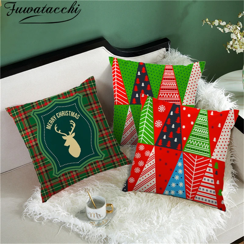

Fuwatacchi Christmas Day Gift Cushion Cover Blue Green Plaid Printed Pillow Cover for Home Sofa Car Decorative Throw Pillowcases