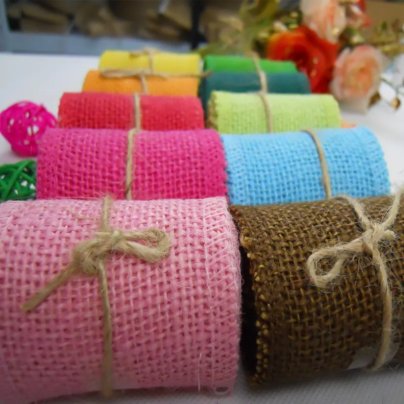 Cheap 2M width 6cm Colorful Natural Jute Burlap Ribbon Jute Fabric Roll Hessian Ribbon Trims Tape Rustic DIY Wedding Par AA8043