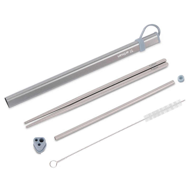 Green long set Титановые палочки для еды набор с контейнер для палочек для еды трубки алюминиевая коробка чехол для переноски Питьевая соломенная чистящая щетка набор столовых приборов 4 шт - Цвет: Green long set