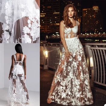 

See Through White Night Robe with Lace Appliques Party Sleepwear Sleeveless Long Nightgowns Robes