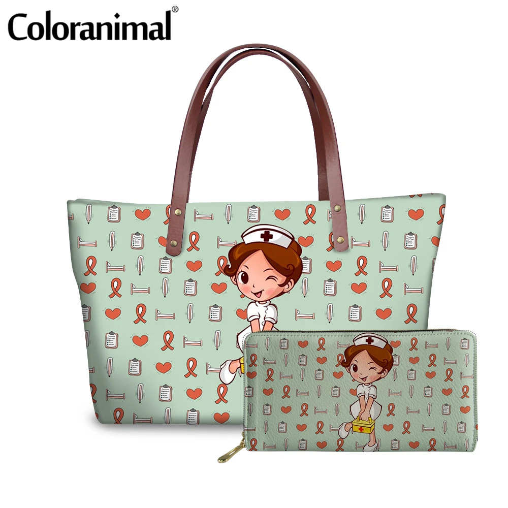 Coloranimal 2021 New Style 2Pcs Shoulder Bag Set and Wallet Gradient Color Nurse Girls First Aid Cartoon Pattern Women Handbag 