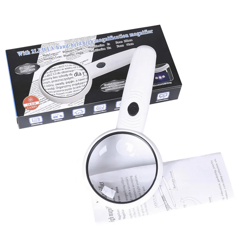 5-12X High-Definition Handheld Magnifying Glass With Two LED Lights and One UV Counterfeit Lamp, Reading Maintenance Magnifier
