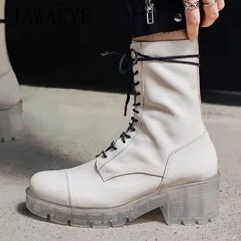 

White Leather Millitary Boots Front lace Up Chunky Sole Height Increasing short platform Women's Boots botas mujer