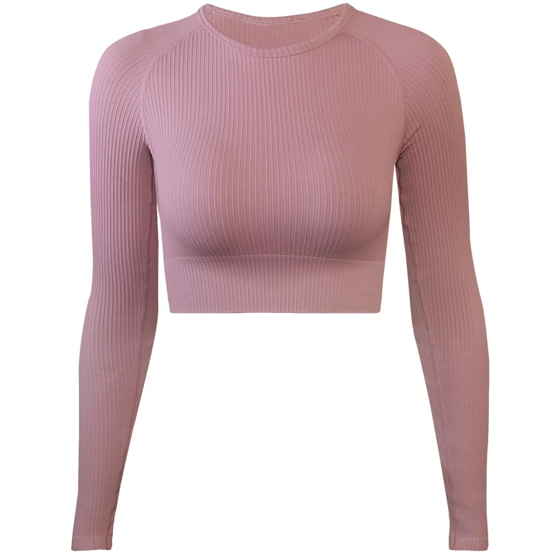 Pink Top Ребристый укороченный топ для тренировок, гибкие трикотажные топы для йоги, бесшовная Спортивная одежда для фитнеса, спортивные топы с длинным рукавом, Женские топы для спортзала - Цвет: Pink Top