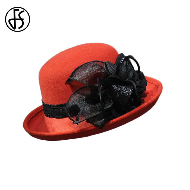 FS женская черная шляпа-Клош, повседневная шерстяная шляпа-федора, шляпа с широкими полями и цветочным пером, Кепка-купол, высококачественные осенне-зимние шапки